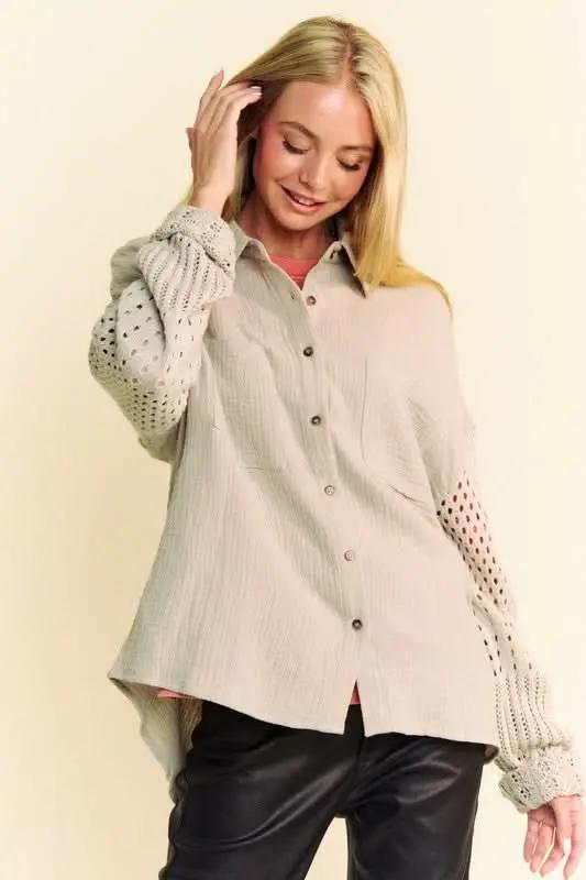 Davi & Dani Crochet Sleeve Crinkled Texture Shirt - Love Salve